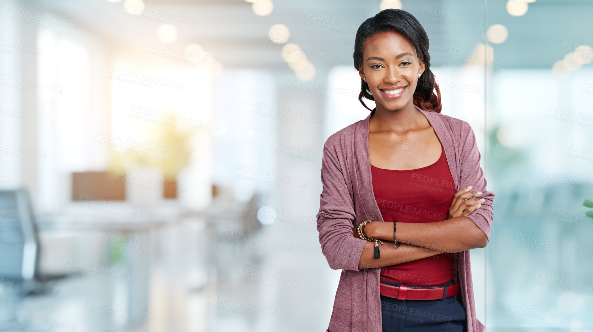 Buy stock photo Smile, crossed arms and portrait of black woman in office with positive, business and confident attitude. Happy, pride and professional African female journalist with creative career in workplace.