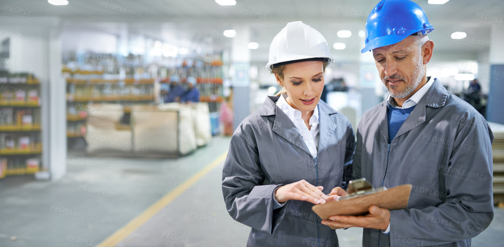 Buy stock photo Teamwork, people and warehouse checklist with clipboard for quality inspection or logistics planning process. Management, talk or document for manufacturing supplier or man and woman in collaboration