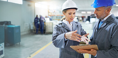 Buy stock photo Factory, staff and checklist with clipboard for quality inspection or logistics planning for process. Management, talking and people with manufacturing conversation in warehouse with collaboration