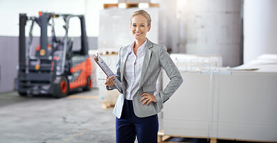 Buy stock photo Documents, factory and inspection with portrait of woman in suit for business, logistics or shipping. Clipboard, smile and quality control with supervisor in warehouse for supply chain management