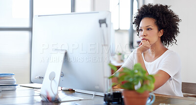 Buy stock photo Black woman, thinking and computer at desk for idea, inspiration and creativity in office. Female person, planning and thoughtful with desktop pc for design, project and research in modern workplace