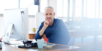 Buy stock photo Smile, portrait and mature businessman in office with computer working on online project. Happy, pride and male copywriter with research on desktop technology for editing report in workplace