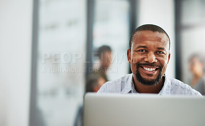 Buy stock photo Black man, portrait and smile in office with laptop for business, research and professional career. Project manager, face and happiness in workplace with technology for management, planning and kpi