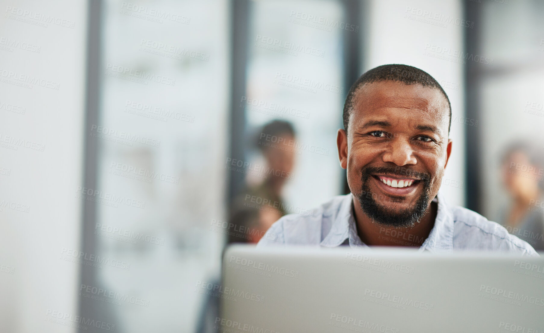 Buy stock photo Black man, portrait and smile in office with laptop for business, research and professional career. Project manager, face and happiness in workplace with technology for management, planning and kpi