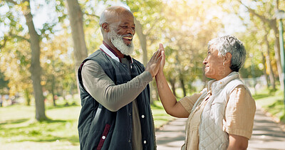 Buy stock photo Senior couple, fitness and high five outdoor for wellness, health and well done with support, success or goals. Happy, elderly people and hands together for exercise, cardio and training in nature