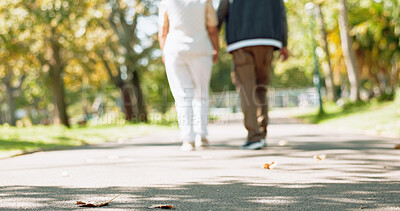 Buy stock photo Mature couple, retirement and back walking together outdoor for exercise, health and bonding in park. Senior people, nature and commitment for marriage, relationship and dedication in old age