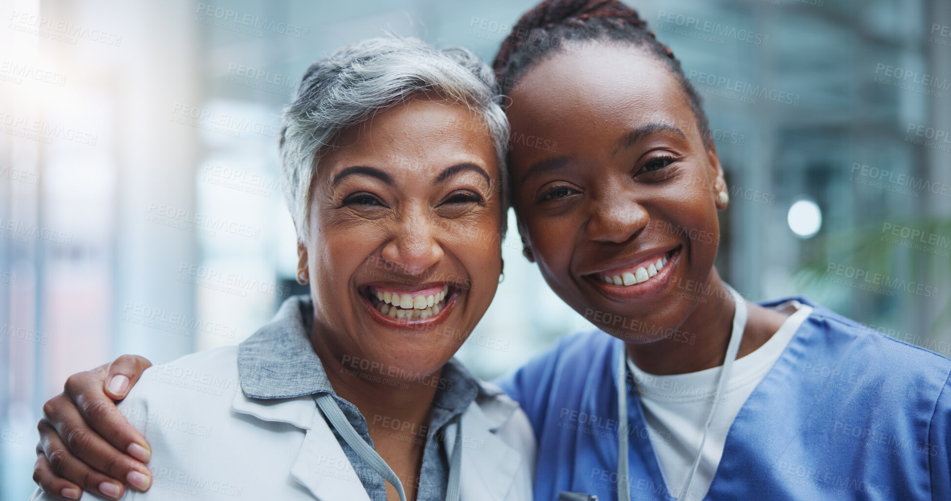 Buy stock photo Portrait, woman doctor and nurse hug in hospital with smile for healthcare, collaboration or support. Lens flare, medical team and professional health workers for happiness, teamwork or solidarity