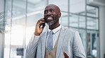 Phone call, outdoor and mature black businessman, talking and smile for contact for proposal and deal. Travel, street and communication of boss to company in Atlanta, happy and professional corporate