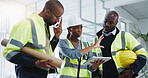 Team, engineers and tablet for browsing with planning for construction or project management with tech. Idea, people and development for contractor job or maintenance in modern office in Switzerland.