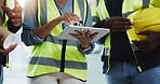 Planning, team and engineers browsing tablet for construction or project management with technology. Development, idea and people for contractor job or maintenance in modern office in Switzerland.