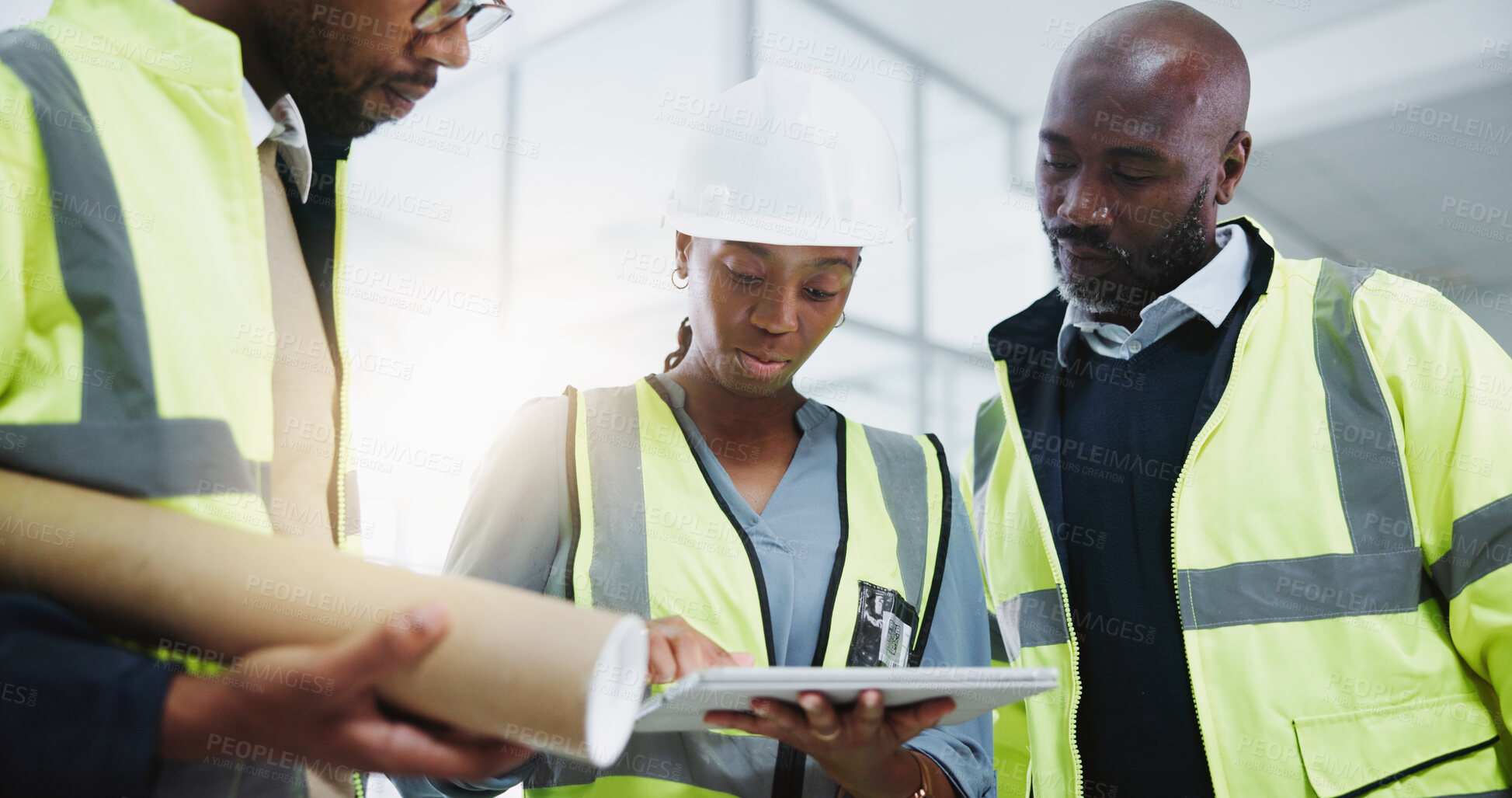 Buy stock photo Architects, team and tablet for browsing with planning for construction or project management with tech. Development, idea and people for contractor job or maintenance in modern office in Switzerland