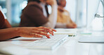 Hands, woman and typing keyboard in office on computer,  research or website for writing news report as journalist. Person, desktop and editing online article, review or story as copywriting agent