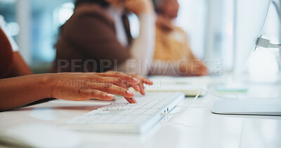 Buy stock photo Hands, woman and typing keyboard in office on computer,  research or website for writing news report as journalist. Person, desktop and editing online article, review or story as copywriting agent