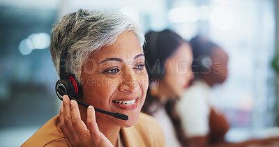 Buy stock photo Business people, telemarketing and call center with customer service, woman and contact us. Group, mature person and employees for insurance agency, consultant and tech support with help desk and crm