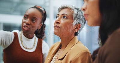 Buy stock photo Business women, meeting and thinking in office for planning project with questions and help from manager. Corporate group, teamwork and collaboration with advice and feedback for proposal progress