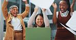 Business people, laptop and women with celebration, success and email for project with opportunity, funding approval and smile. Staff, group and employees with computer, excited and positive message