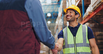 Buy stock photo Men, handshake and factory for deal with logistics, smile and contract for global shipping company. People, shaking hands and warehouse for agreement, collaboration and supply chain for distribution