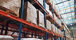 Boxes, warehouse and logistics parcel in supply chain, stock and commercial factory with shelves for ecommerce. Wholesale, delivery and shipping or distribution, cargo and empty depot storage