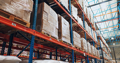 Buy stock photo Boxes, warehouse and logistics parcel in supply chain, stock and commercial factory with shelves for ecommerce. Wholesale, delivery and shipping or distribution, cargo and empty depot storage