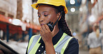 Logistics, woman and radio in warehouse for communication, stock and safety in supply chain or freight. Factory, worker and industry for quality control in manufacturing, shipping for trade or export