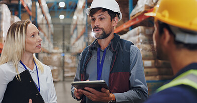 Buy stock photo Man, client and warehouse on discussion with tablet for supply chain and selling product. Employee, people and explain at factory for logistics, manufacturing and delivery or distribution service