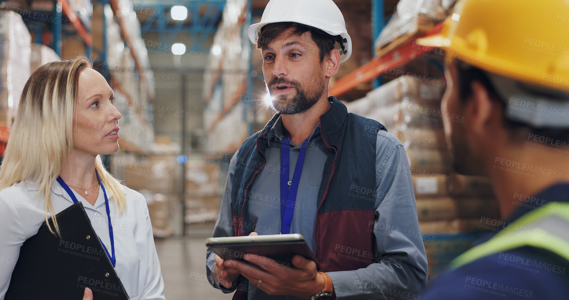 Buy stock photo Man, client and warehouse on discussion with tablet for supply chain and selling product. Employee, people and explain at factory for logistics, manufacturing and delivery or distribution service