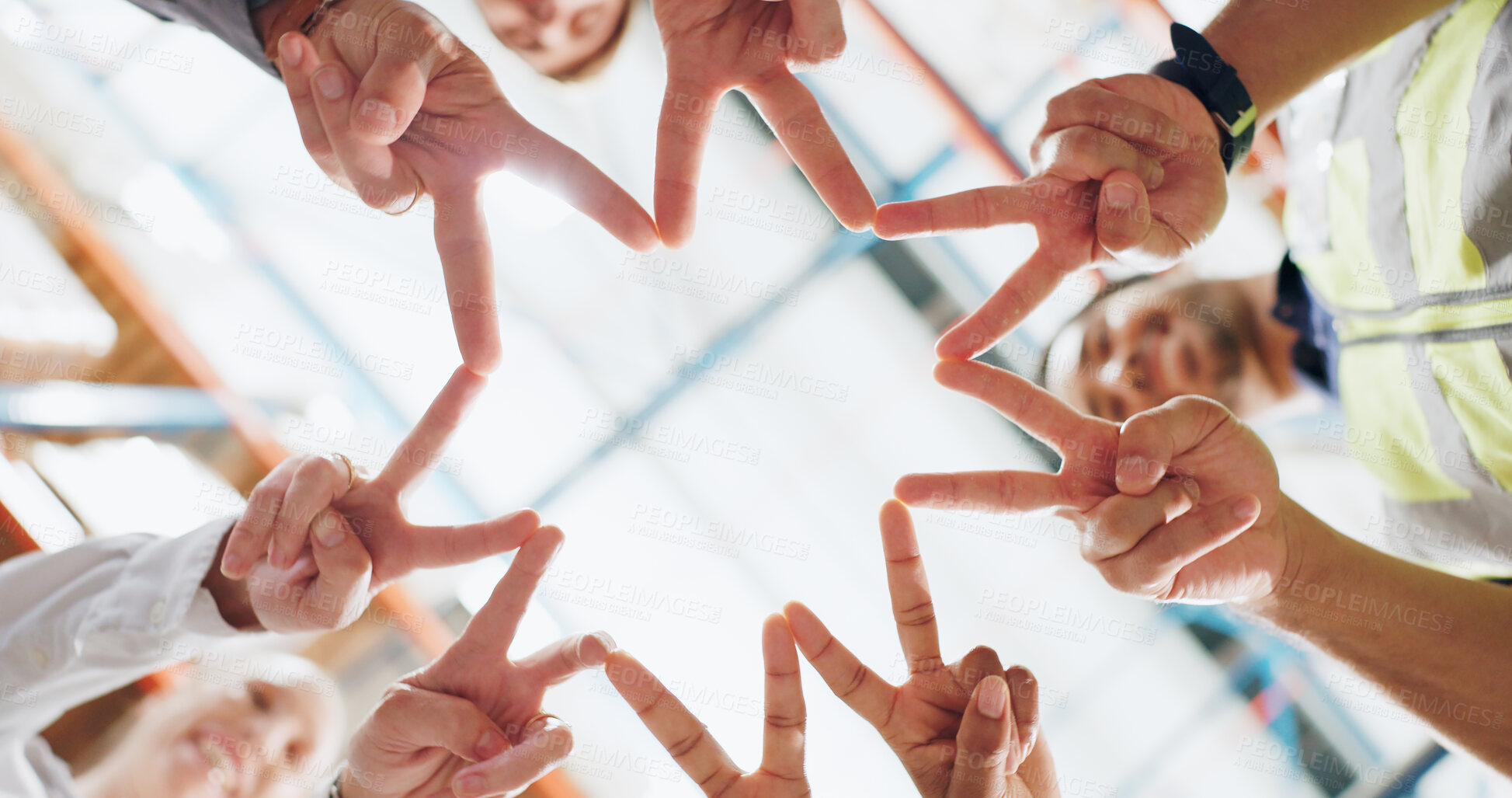 Buy stock photo Star, hands and workers in a factory from below with smile from team building, support and meeting. Industrial, staff and happy professional group with emoji and shape gesture for solidarity at job 