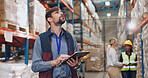 Logistics, distribution and man with tablet in warehouse for stock inspection, inventory check or freight shipping. Export, checklist and employee for delivery, supply chain or quality control