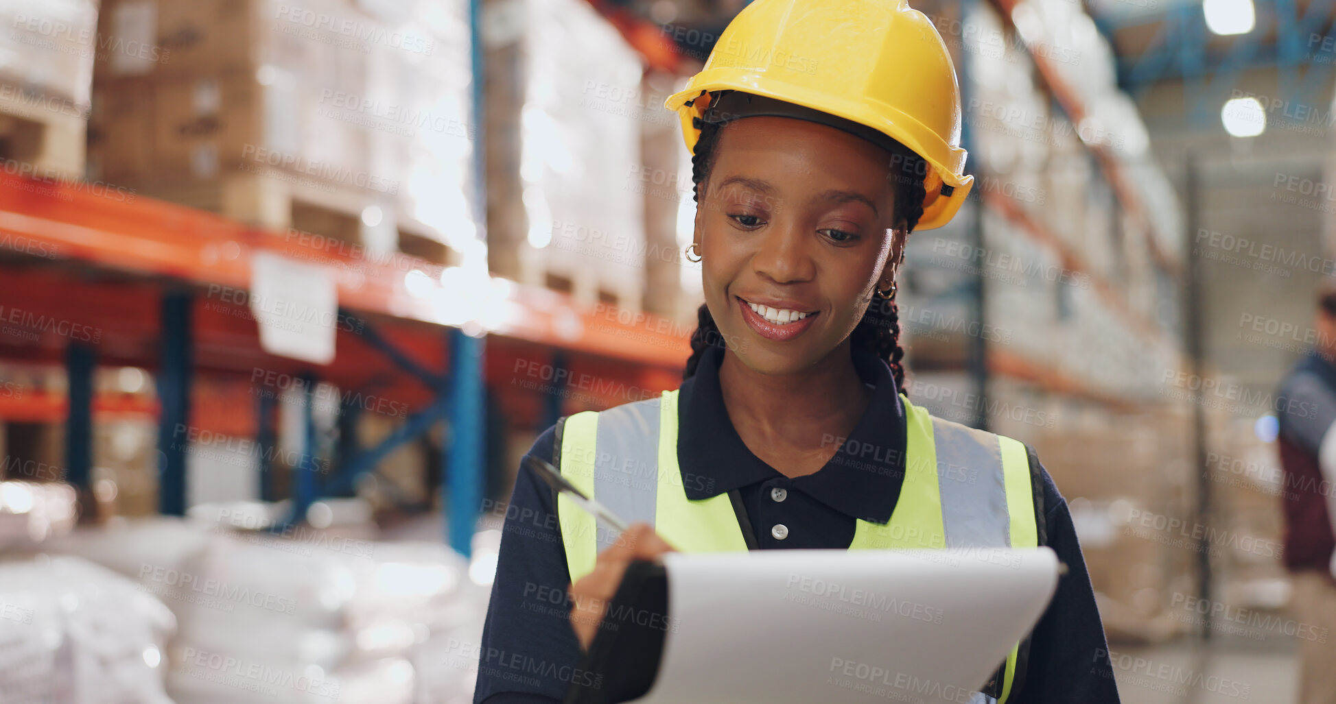 Buy stock photo Logistics, distribution and black woman with clipboard in warehouse for inspection, inventory check or freight shipping. Export, checklist and employee for delivery, supply chain or quality control