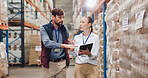 Logistics, distribution and team with tablet in warehouse for stock inspection, inventory check or freight shipping. Export, checklist and people talking for delivery, supply chain or quality control