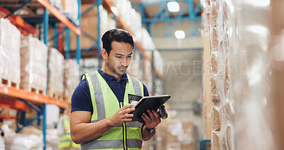 Buy stock photo Man, boxes and scanner with tablet in logistics, e commerce or inventory of order or courier solution. Serious industrial worker with digital software for price check, information or package schedule