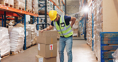 Buy stock photo Back pain, man and boxes in warehouse for injury, overworked and strain with inventory. Logistics, male worker and backache in factory for export, commerce and packaging for trade or shipping