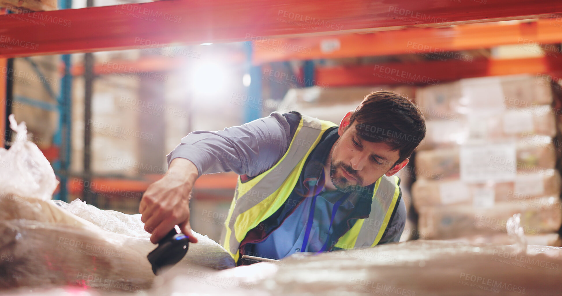 Buy stock photo Man, package and scanner for logistics, stock and inventory management in warehouse with barcode for tracking. Industrial worker with scanning technology for price, information and boxes on shelf