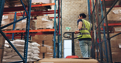 Buy stock photo Pallet truck, man and box in warehouse with transport, safety and storage for distribution or delivery. Freight operator, logistics and stock in cardboard for shipping, cargo and inventory management