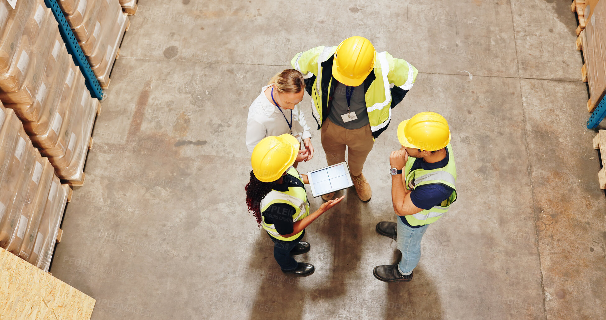 Buy stock photo People, warehouse and above with tablet for teamwork, collaboration and planning. Employee, conversation and briefing for logistics at factory with manufacturing, supply chain and distribution