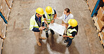 People, engineers and logistics with blueprint above for supply chain, distribution or planning in storage. Top view of group, team or contractors in discussion with documents or paperwork for stock