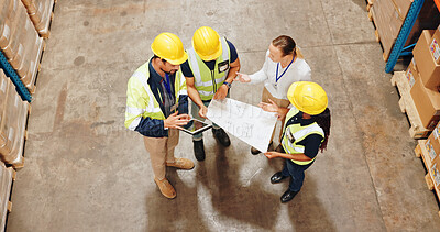 Buy stock photo People, engineers and logistics with blueprint above for supply chain, distribution or planning in storage. Top view of group, team or contractors in discussion with documents or paperwork for stock