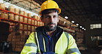 Portrait, man and ppe in warehouse for logistics, planning and exporting cargo with hard hat for safety. Male person, helmet and confident in factory for international distribution or supply chain