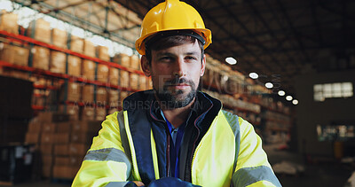 Buy stock photo Portrait, man and ppe in warehouse for logistics, planning and exporting cargo with hard hat for safety. Male person, helmet and confident in factory for international distribution or supply chain