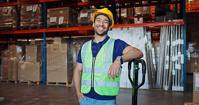 Buy stock photo Logistics, man and portrait in warehouse with happy, stock and factory for safety in supply chain or freight. Male person, industrial and quality control in manufacturing, shipping in trade or export