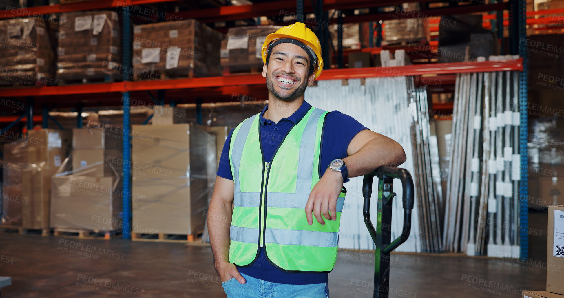 Buy stock photo Logistics, man and portrait in warehouse with happy, stock and factory for safety in supply chain or freight. Male person, industrial and quality control in manufacturing, shipping in trade or export