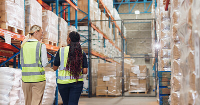 Buy stock photo Collaboration, logistics and stock with people in warehouse together for inspection or storage. Distribution, shipping and supply chain with team in plant for delivery, export or import from back