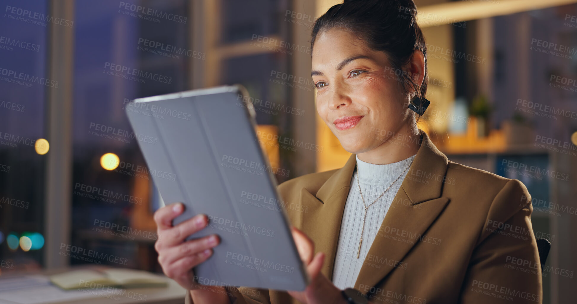 Buy stock photo Night, business and woman with tablet, professional and internet with research for proposal, planning and stock market. Broker, evening or employee with tech, accounting or website for trading or app