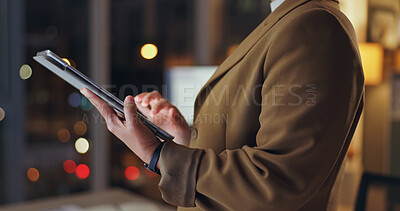 Buy stock photo Night, hands and person with tablet, typing and internet with research for proposal, professional and stock market. Closeup, evening or employee with tech, broker and website for trading accounting