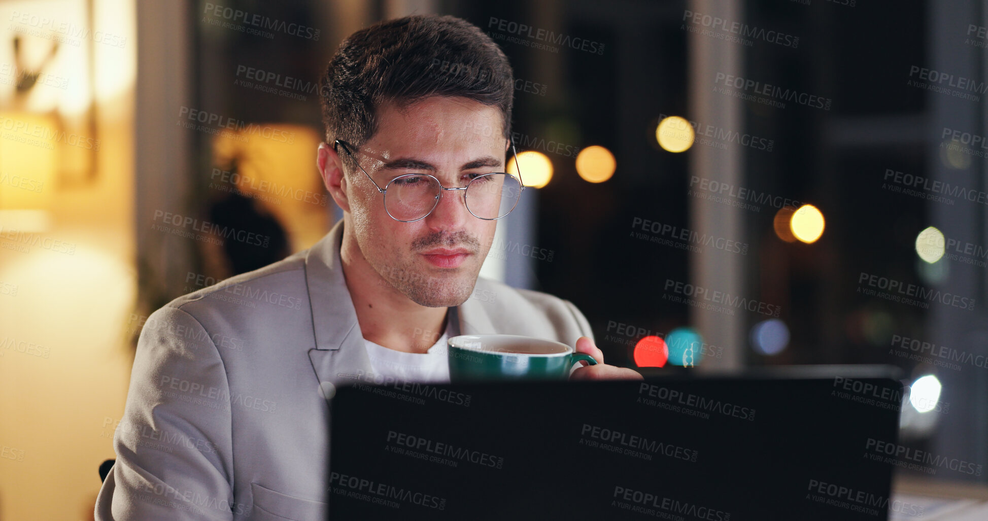 Buy stock photo Businessman, tired and coffee at night in office with laptop for administration, planning and research. Accountant, technology and burnout in workplace for accounting, budget and financial audit