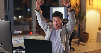 Buy stock photo Businessman, laptop and night with celebration for winning, promotion or done at office. Excited man or employee working late with fist pump for success, achievement or accomplishment at workplace