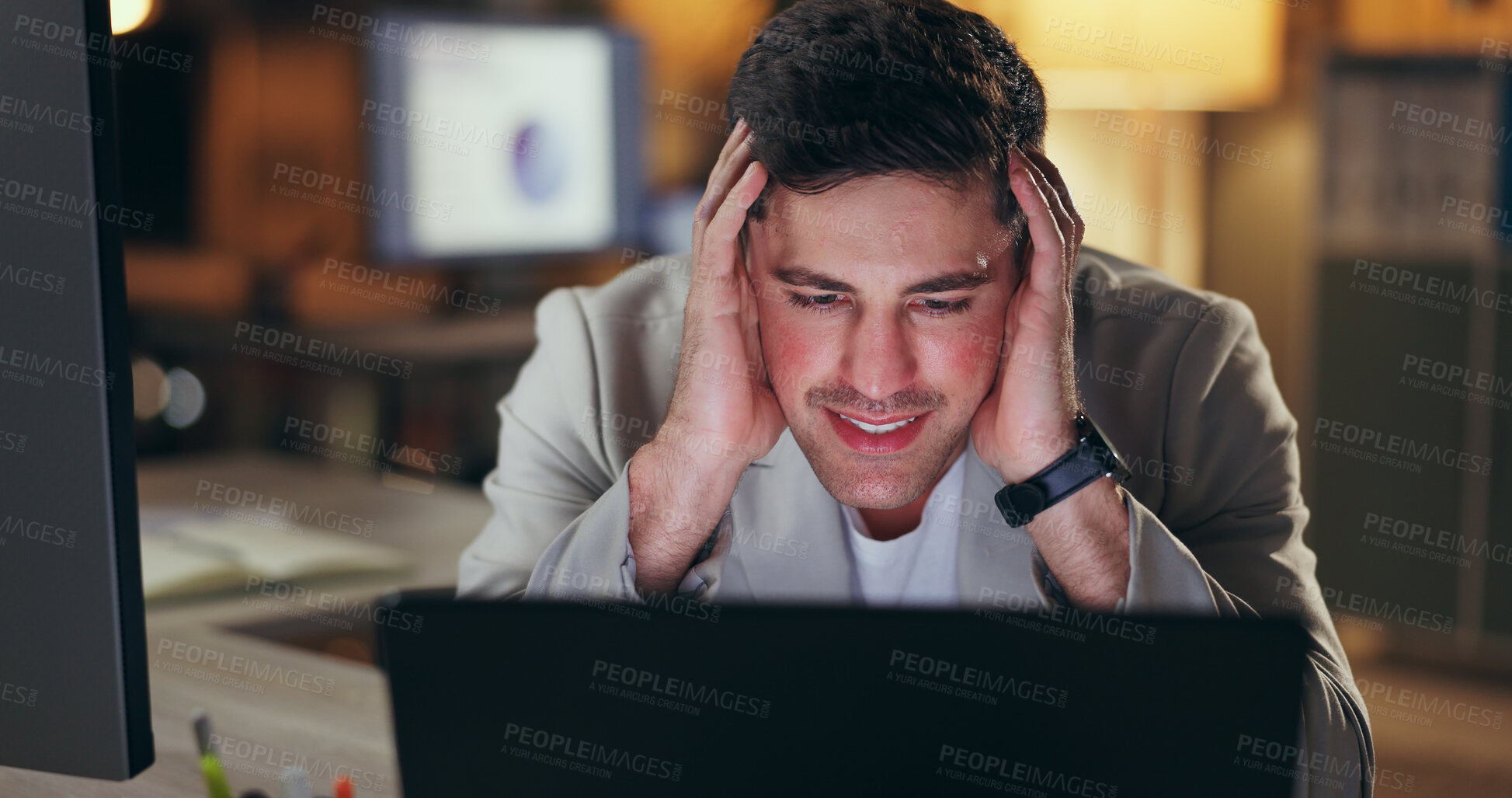 Buy stock photo Laptop, problem solving and stress with business man in office at night for audit, bankruptcy or tax. Anxiety, burnout and deadline with employee in workplace, worried about feedback or review