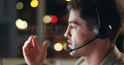 Buy stock photo Businessman, consultant and night with headphones at call center for customer service or help at office. Man, agent or employee working late with mic for consulting, online advice or telemarketing