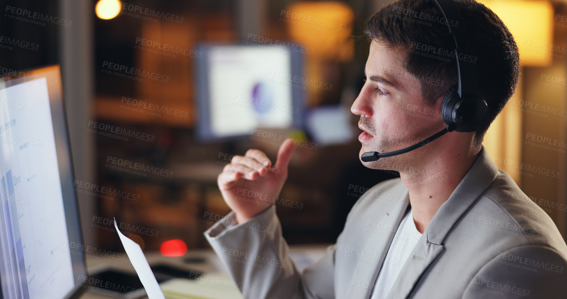 Buy stock photo Businessman, agent and night with headphones at call center for customer service or help at office. Man, consultant or financial advisor working late in consulting, online advice or help at workplace