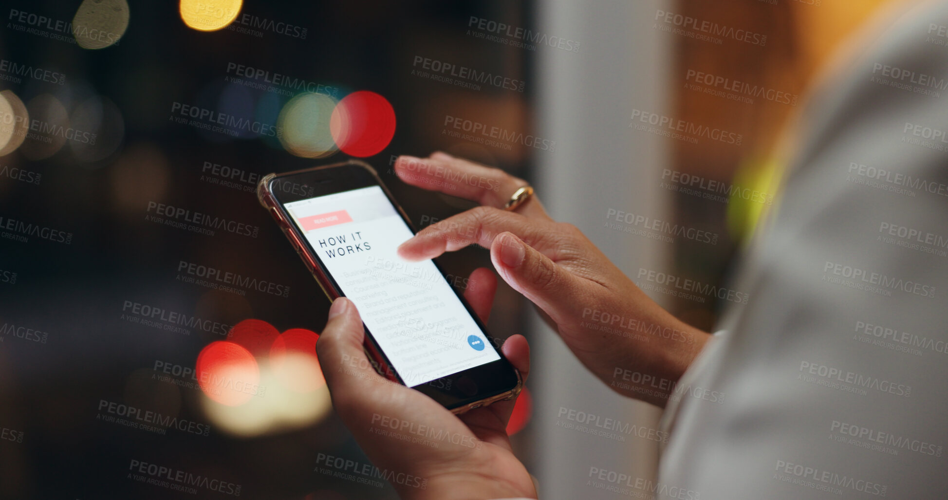 Buy stock photo Business, night and hands with woman, smartphone screen and connection with website information. Closeup, person and evening with human, cellphone and internet with digital app, texting and message